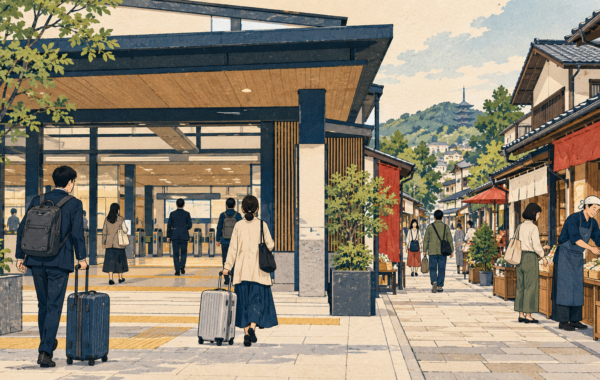 日本の駅と商店街を訪れる旅行者を描いたイラスト