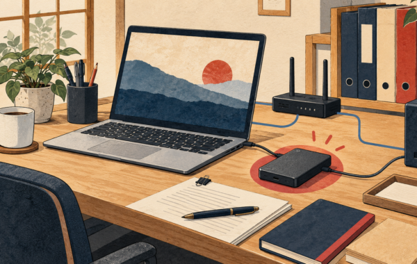 小規模オフィスのノートパソコンとバックアップ機器を描いたイラスト